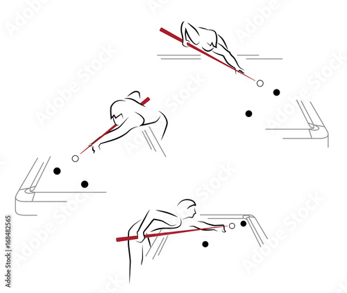 Billiard gamer, snooker, Vector illustration clipart, lines silhouette of billiards competition. Young men playing game of billiard, taking a shot.