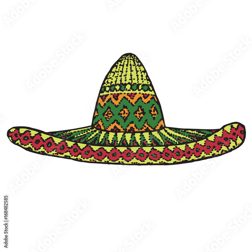 Sombrero hat, hand drawn doodle, sketch in woodcut style, color vector illustration