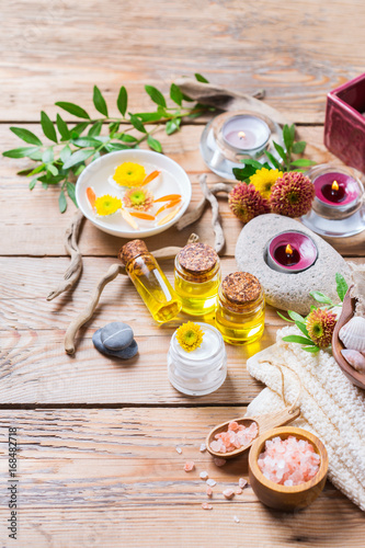 Autumn fall spa wellness setting concept, wooden background