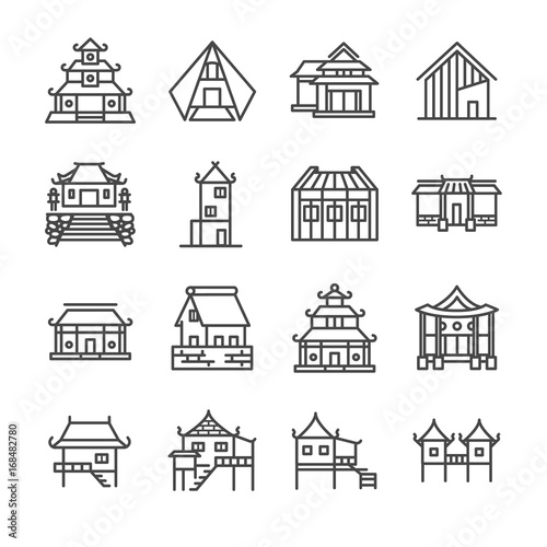 Asian property line icon set. Included the icons as Thai house, Japanese house , Chinese house, palace, home, estate and more.