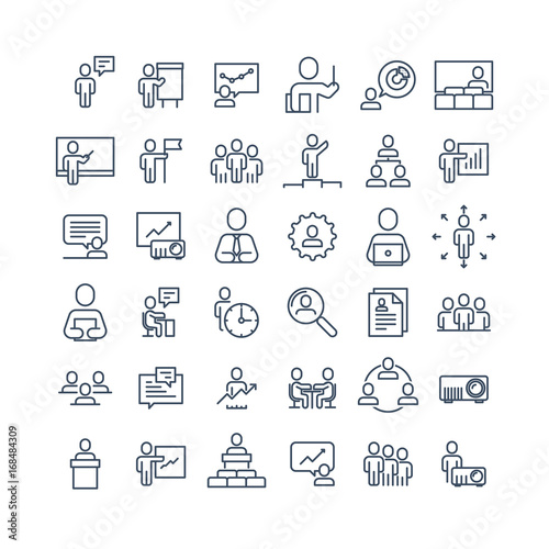 Simple Set of Business People Related Vector Line Icons. Contains such Icons as One-on-One Meeting, Workplace, Business Communication, Team Structure and more.