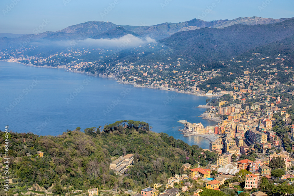 Aerial view of city of Camogli, Genoa (Genova) province, Ligurian riviera,  Mediterranean coast, Italy