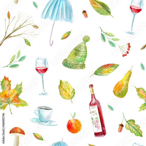 Seamless pattern of a wine  floral  umbrella  rowan  coffee  apple and pear.Autumn picture.Watercolor hand drawn illustration.White background.