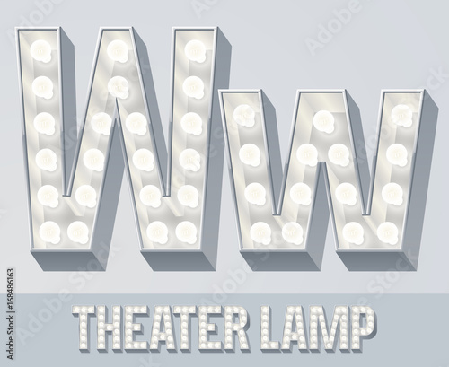 Vector light up white alphabet, Theater lamp graphic font. Letter W