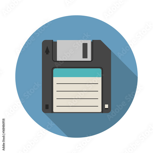 Magnetic floppy disc icon in flat style with long shadow, isolated web icon, colored