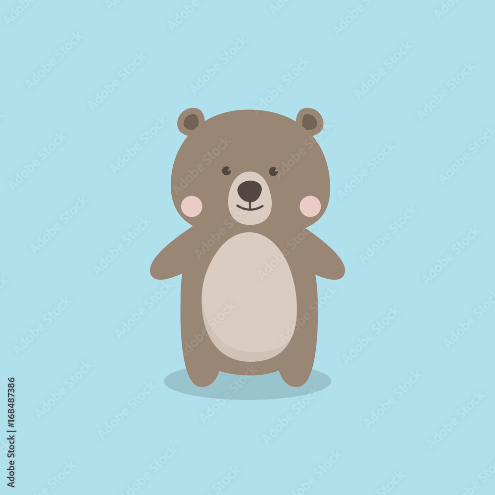 Bear cartoon character vector illustration, A Cute Brown Teddy Bear  standing on sky blue background for kids, children's book, fairy tales,  covers, baby shower invitation, card or party flag. Stock Vector |
