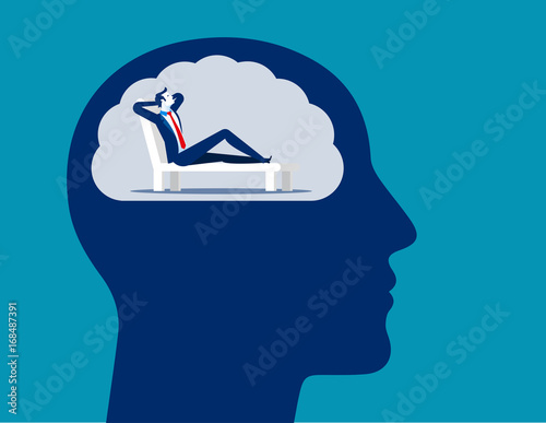 Man imagining relaxing in deckchair. Concept business vector illustration.