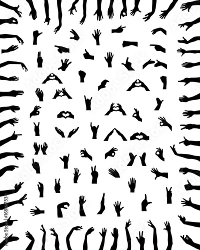 Black silhouettes of hands in various positions on a white background
