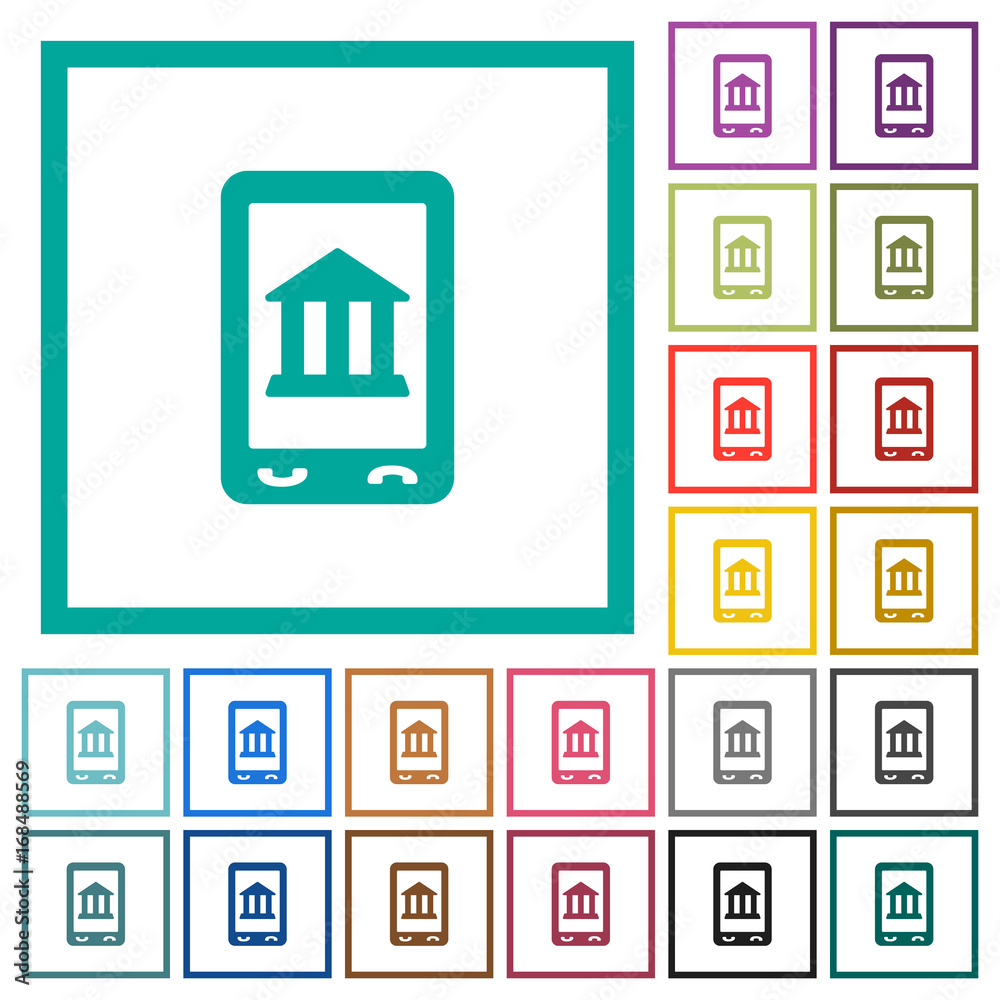 Mobile banking flat color icons with quadrant frames Mobile banking flat color icons with quadrant frames