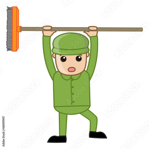 Funny Cartoon Sweeper Standing with Broom