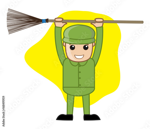 Cartoon Sweeper Holding Broom