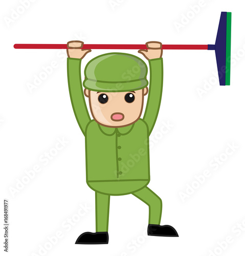 Cartoon Funny Man Standing with Bathroom Wiper