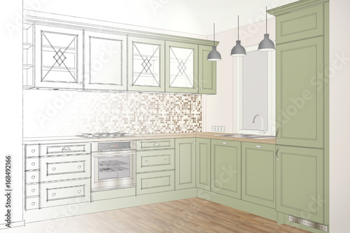 3D illustration. Beautiful cassic kitchen design in light interior. Kitchen sketch. Home Interior Design Software Programs. Cover.