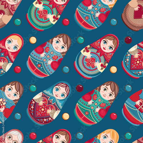 Russian souvenir. Matryoshka - babushka doll. Seamless pattern. Vector