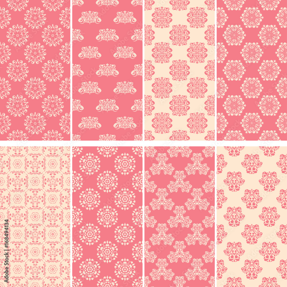 Collection of pink and white seamless patterns