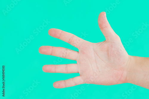 Open hand hello gesture isolated on green screen.