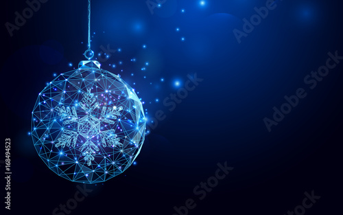 Low polygon Christmas ball wireframe mesh on dark blue background