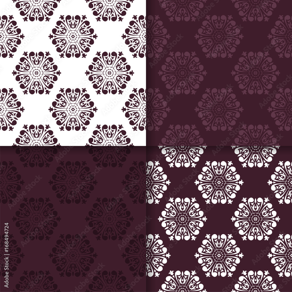 Maroon set of floral ornaments. Seamless patterns