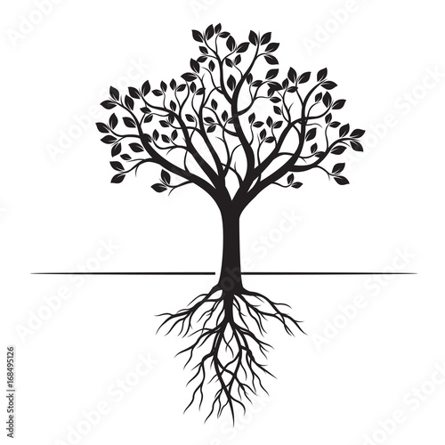 Black Tree with Roots. Vector Illustration.