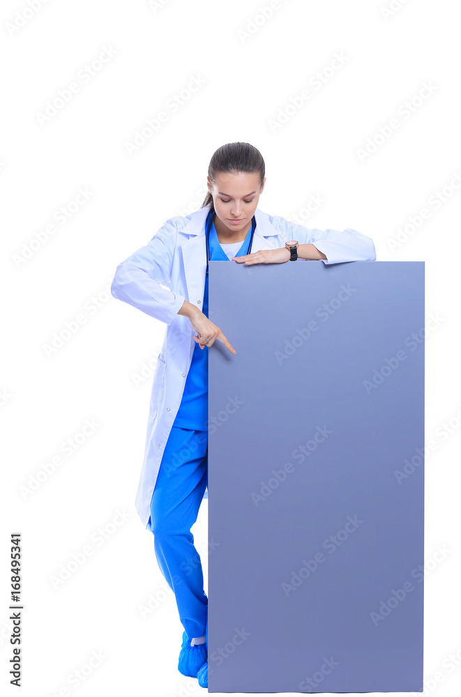A female doctor with a blank billboard. Woman doctor A female doctor with a blank billboard. Woman doctor