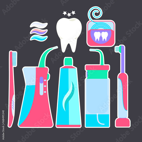 Colorful flat blue and pink tooth hygiene symbols stickers. Nice bright dental morning and evening cleaning teeth signs including toothpaste, toothbrush, irrigator, flosser