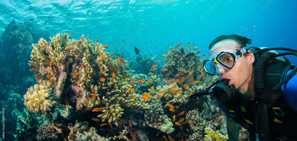 Underwater coral reef with man scuba diver exploring sea bottom. Underwater coral reef with man scuba diver exploring sea bottom.