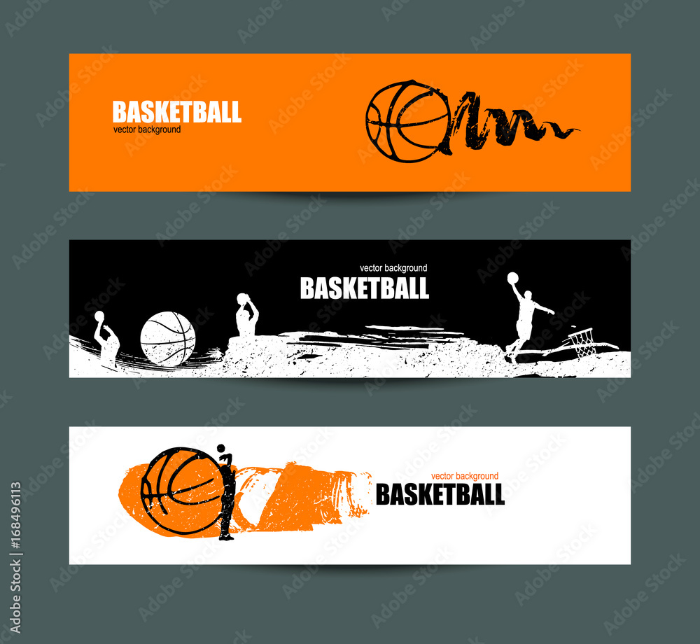 Basketball banner, set of sports templates for the tournament, abstract ball, drawing of spots, sketches of players. Brush element. EPS file is layered.