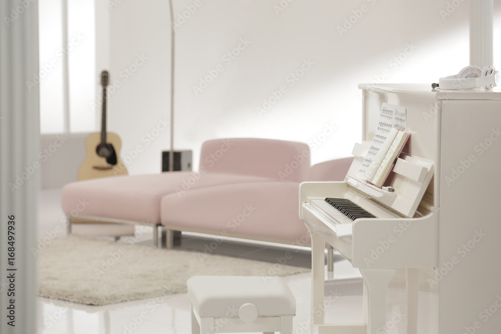 white piano in the white lounge