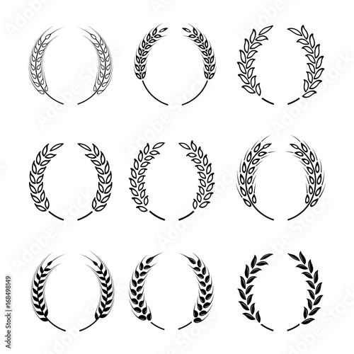 Black laurel wreath - a symbol of the winner. Wheat ears or rice icons set.