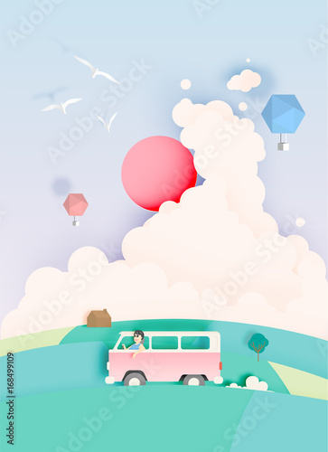 Road trip with car and natural pastel color scheme backgroud
