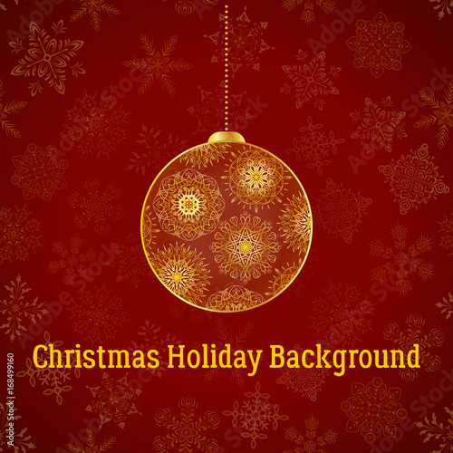 Holiday Christmas Background  Golden Decorated Ball on Red Pattern with Snowflakes  Illustration for Your Design. Eps10  Contains Transparencies. Vector