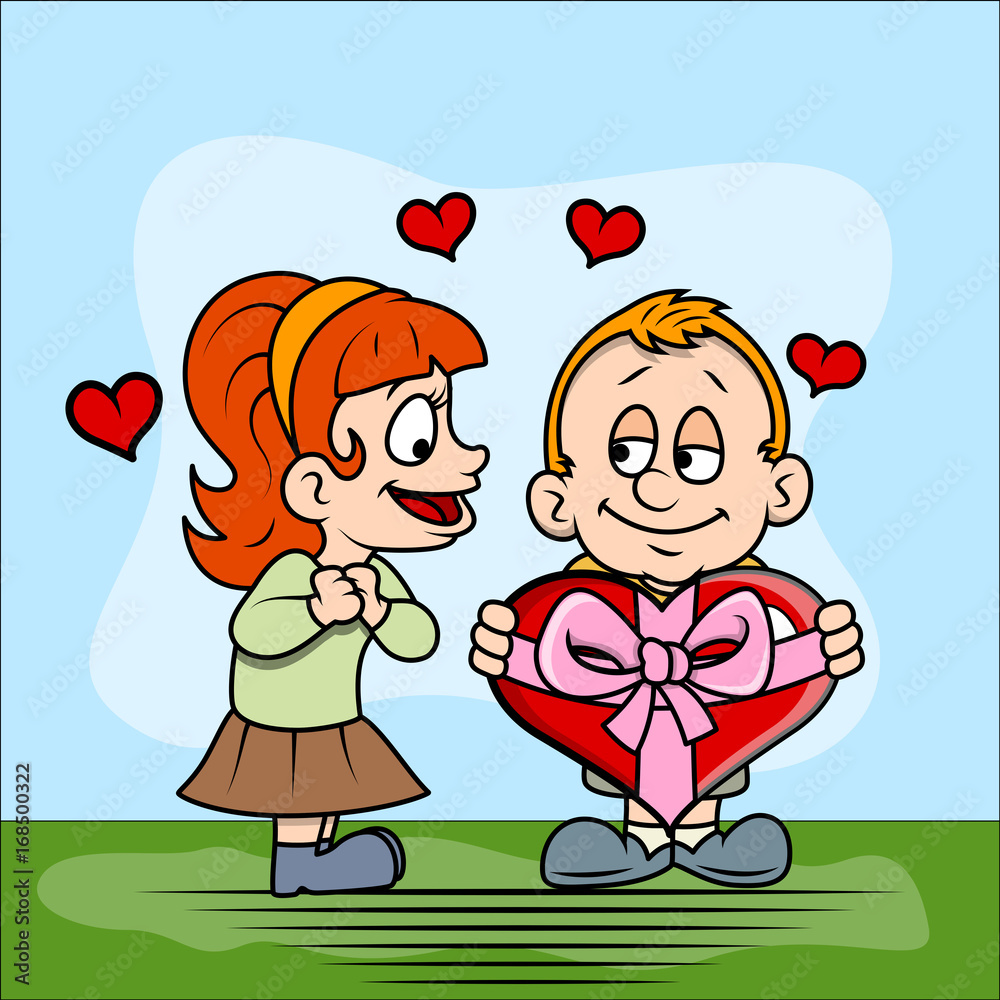 Cute Girl and Boy with Heart Gift Vector Cute Girl and Boy with Heart Gift Vector