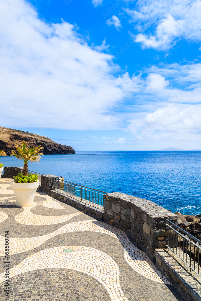 View of coastal promenade along ocean near Canical town, Madeira island, Portugal