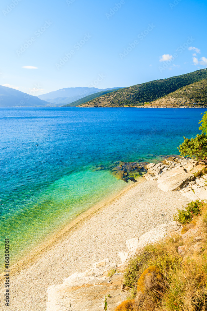 Pebble stone beach in Agia Efimia village, Kefalonia island, Greece