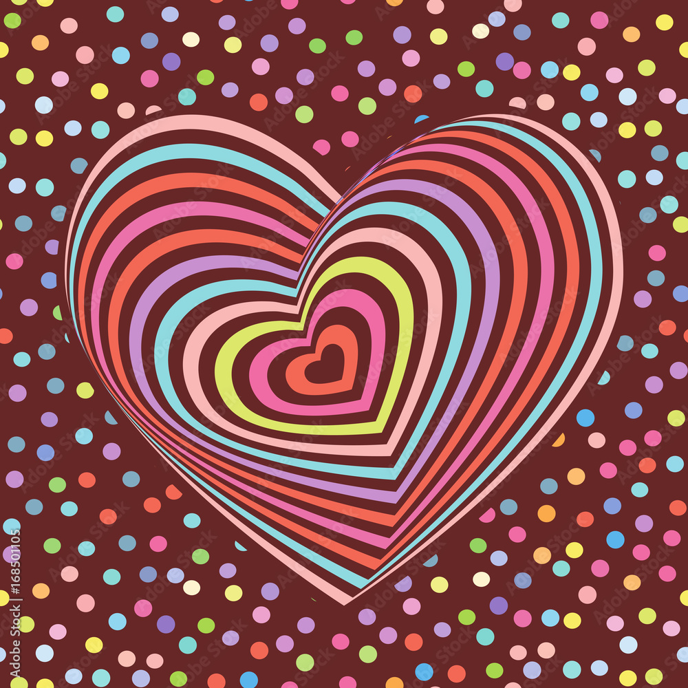 multi-colored rainbow heart on dark brown background. Optical illusion of 3D three-dimensional volume. pastel colors polka dot background. Vector multi-colored rainbow heart on dark brown background. Optical illusion of 3D three-dimensional volume. pastel colors polka dot background. Vector
