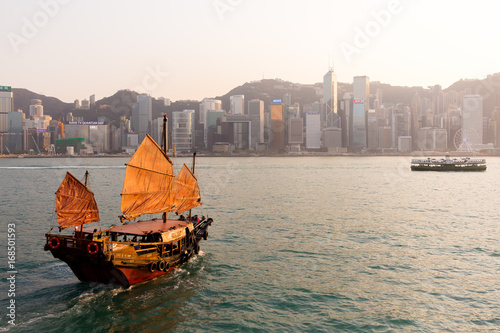 The Aqua Luna sail around Victoria Harbour during sunset twilight time in Hong Kong
