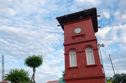 Red clock tower at Dutch Square in Malacca, Malaysia