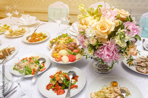 Wedding restaurant and decorated banquet table