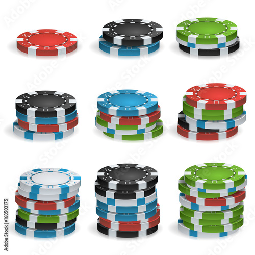 Gambling Chips Stacks Vector. 3D Realistic. Poker Game Chips Isolated On White Background Illustration.
