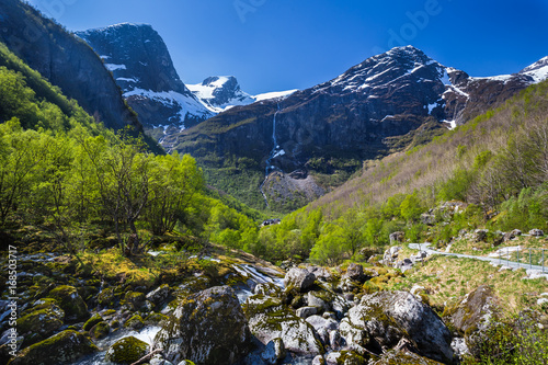Fototapeta Naklejka Na Ścianę i Meble -  View from the hiking path leading to the Briksdalsbreen Glacier