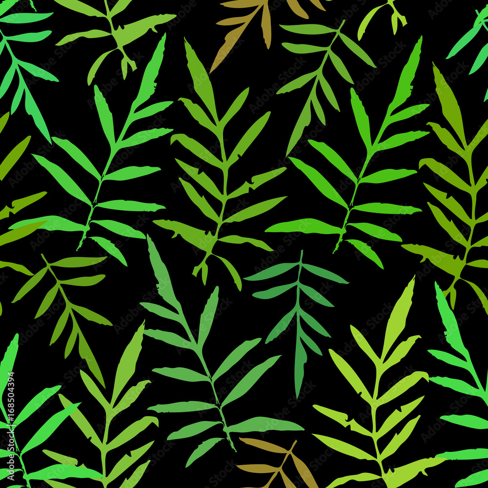 Seamless pattern with leafs tropical fern palm for fashion textile or web background. Green silhouette on black background. Vector