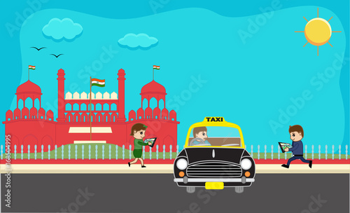 Cartoon Boy and Girl Running to Hire Taxi © VectorShots
