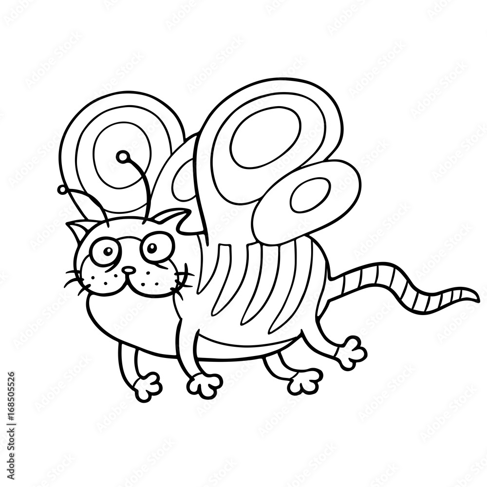 Cartoon fairy cat flight. Cute fur character. Vector illustration.