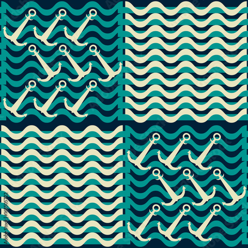 Seamless nautical pattern with waves and anchors