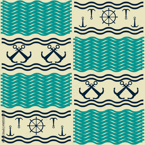 Nautical pattern with anchors and ship steering wheels