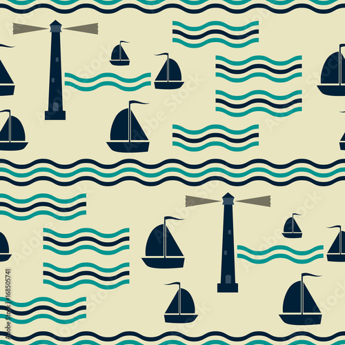 Nautical pattern with waves, sailboats and lighthouses