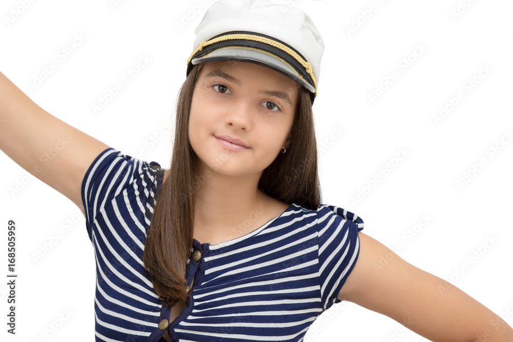 young model posing in sailor clothes posing over white background young model posing in sailor clothes posing over white background