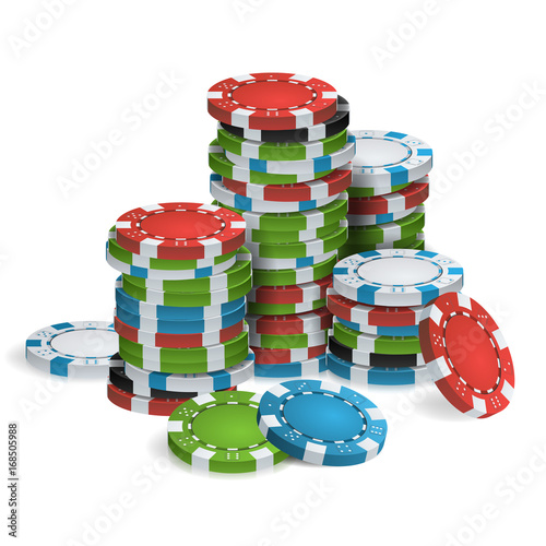 Gambling Poker Chips Stacks Vector. Realistic. Classic Colored Poker Chips Icon Isolated On White Illustration. For Online Casino, Gambling Club, Poker, Billboard.