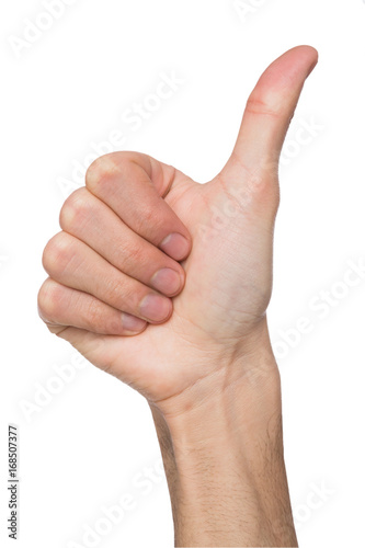Male hand making thumb up gesture isolated on white
