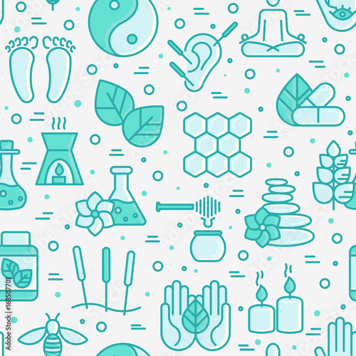 Alternative medicine seamless pattern with thin line icons. Vector illustration of banner, print media or web site for yoga, acupuncture, wellness, ayurveda, chinese medicine, holistic center.